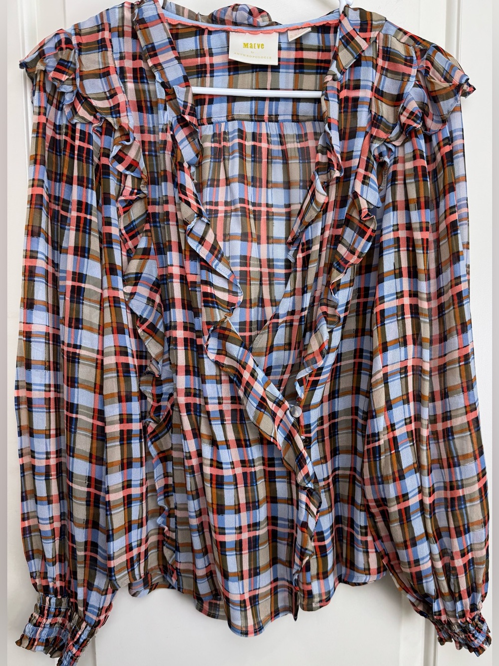 Maeve Anthropologie Laila Plaid Ruffle Wrap Blouse Size 8 Semi Sheer Viscose